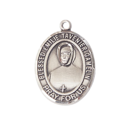 Medium Men's Pewter Blessed Emilie Tavernier Gamelin Medal Pendant on 24 Inch Endless Rhodium Plated Heavy Curb Brass Chain ,Catholic Religious Necklace -Made in USA- Deluxe Velvet Gift Box