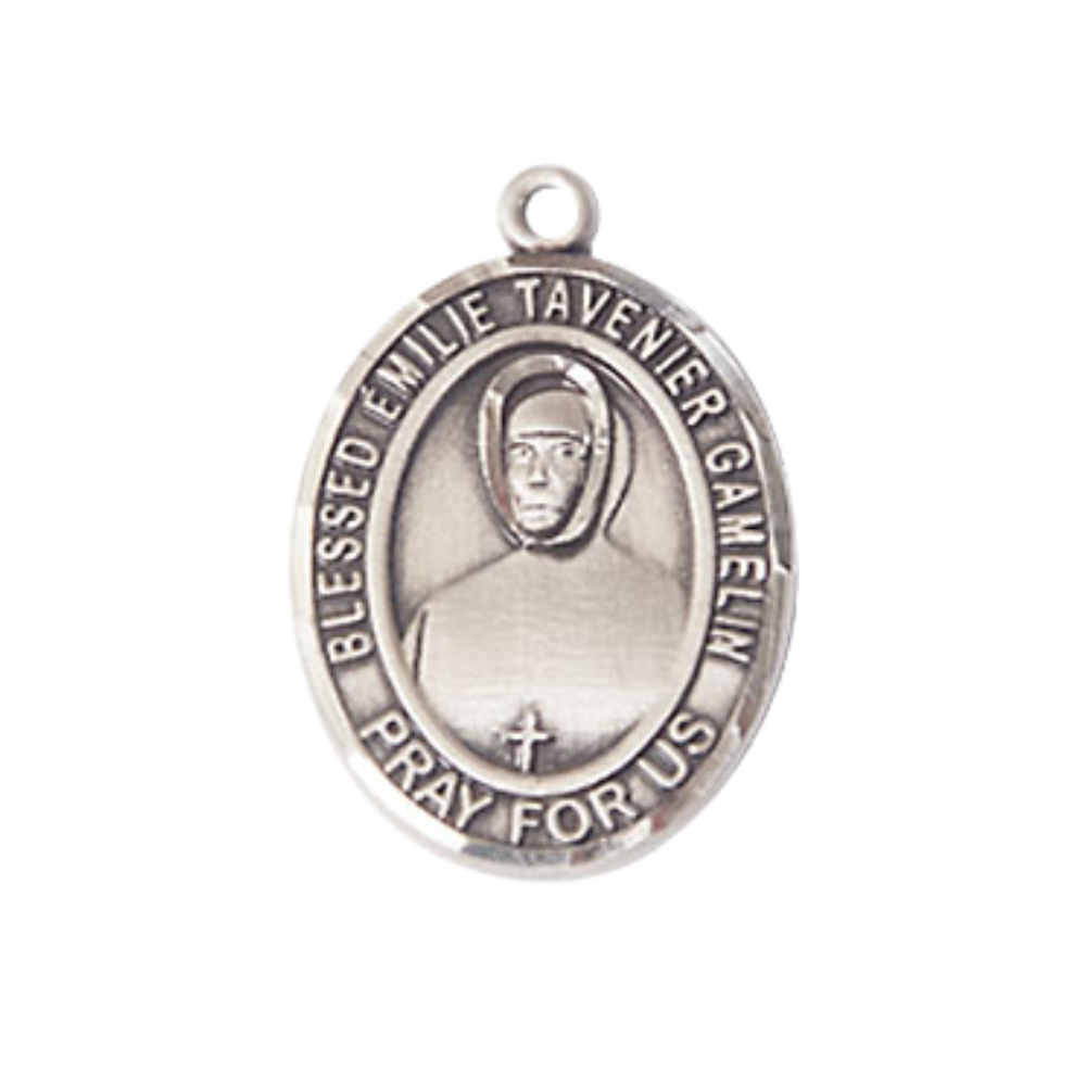 Medium Mens .925 Sterling Silver Blessed Emilie Tavernier Gamelin Medal Pendant on 24 Inch Rhodium Plated Heavy Curb Brass Chain w/ Lobster Claw Clasp, Catholic Religious Necklace - Made in USA- Gift Boxed