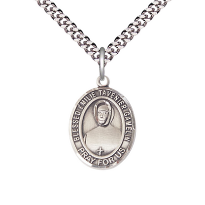 Medium Men's Pewter Blessed Emilie Tavernier Gamelin Medal Pendant on 24 Inch Endless Rhodium Plated Heavy Curb Brass Chain ,Catholic Religious Necklace -Made in USA- Deluxe Velvet Gift Box