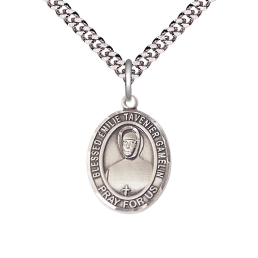 Medium Men's Pewter Blessed Emilie Tavernier Gamelin Medal Pendant on 24 Inch Endless Rhodium Plated Heavy Curb Brass Chain ,Catholic Religious Necklace -Made in USA- Deluxe Velvet Gift Box