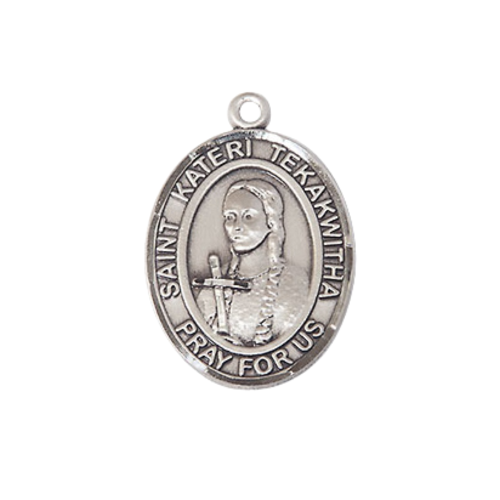 Everlasting Light Jewelry Medium Women's .925 Sterling Silver Saint St. Kateri Tekakwitha Pendant Necklace on 18- Inch Rhodium- Plated Lite Curb Brass Chain, Catholic Medal - Patron Saint. of the Environment – Velvet Gift Box
