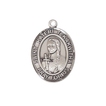 Everlasting Light Jewelry Medium Women's Pewter Saint St. Kateri Tekakwitha Pendant Necklace on 18- inch Rhodium- Plated Lite Curb Brass Chain – 3/4- inch Medal with Lobster Claw Clasp, Catholic Medal – Velvet Gift Box Included