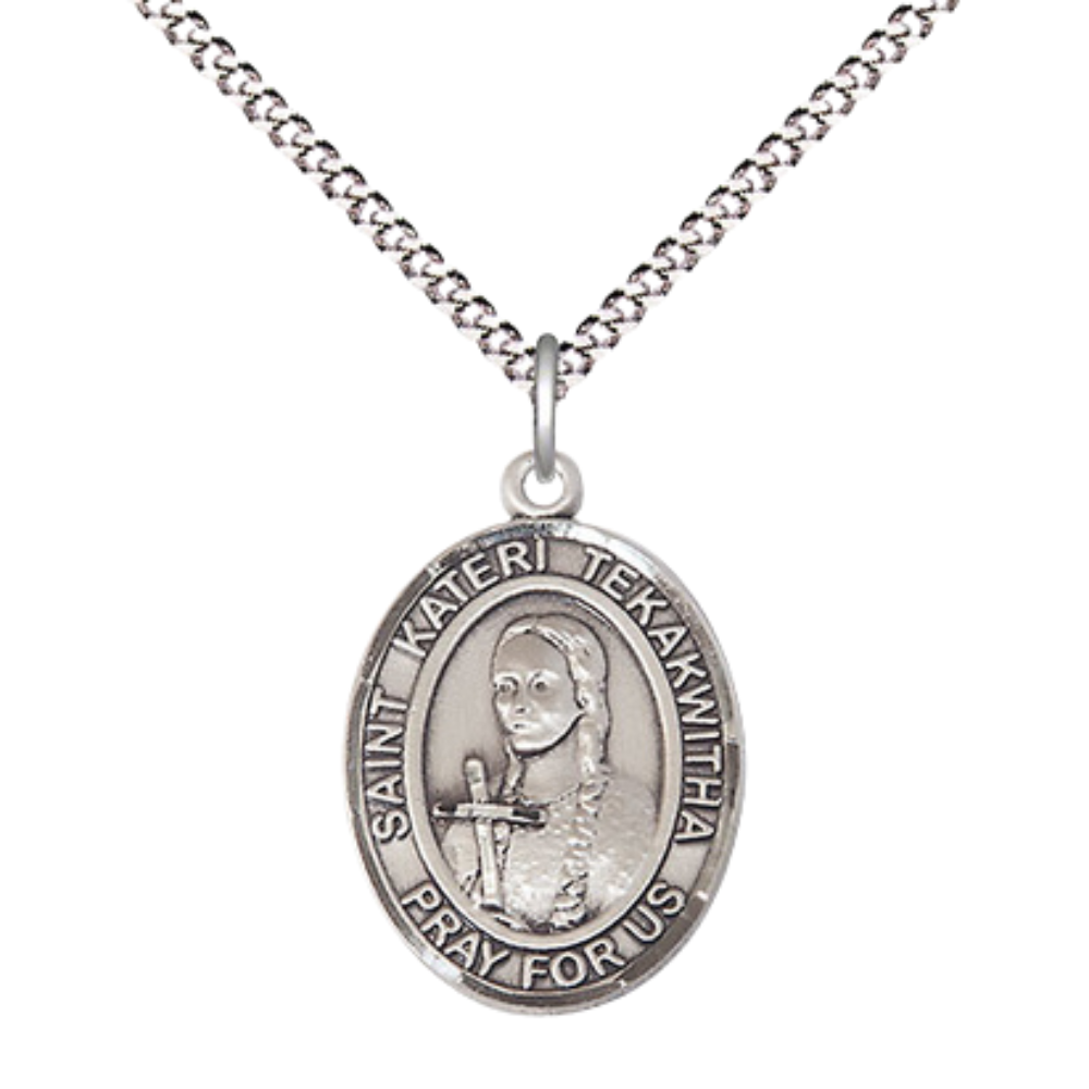 Everlasting Light Jewelry Medium Women's .925 Sterling Silver Saint St. Kateri Tekakwitha Pendant Necklace on 18- Inch Rhodium- Plated Lite Curb Brass Chain, Catholic Medal - Patron Saint. of the Environment – Velvet Gift Box