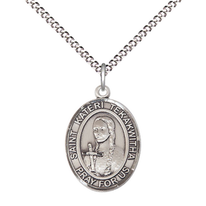 Everlasting Light Jewelry Medium Women's .925 Sterling Silver Saint St. Kateri Tekakwitha Pendant Necklace on 18- Inch Rhodium- Plated Lite Curb Brass Chain, Catholic Medal - Patron Saint. of the Environment – Velvet Gift Box