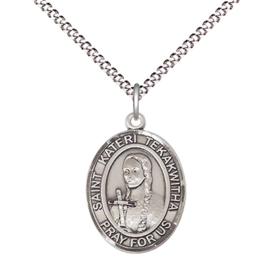 Everlasting Light Jewelry Medium Women's Pewter Saint St. Kateri Tekakwitha Pendant Necklace on 18- inch Rhodium- Plated Lite Curb Brass Chain – 3/4- inch Medal with Lobster Claw Clasp, Catholic Medal – Velvet Gift Box Included