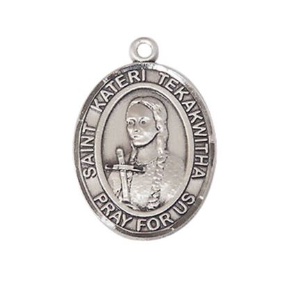 Medium Mens Oval .925 Sterling Silver Saint St. Kateri Tekakw/a Medal Pendant on 24 Inch Rhodium Plated Heavy Curb Brass Chain w/ Lobster Claw Clasp, Catholic Religious Necklace - Made in USA- Velvet Gift Box