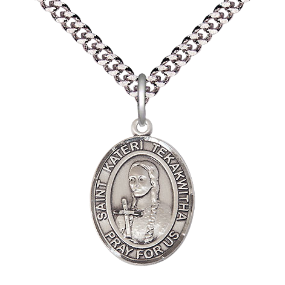 Medium Men's .925 Sterling Silver Saint St. Kateri Tekakwitha Medal Pendant on 24 Inch Endless Rhodium Plated Heavy Curb Brass Chain, Catholic Religious Necklace - Made in USA- Deluxe Velvet Gift Box