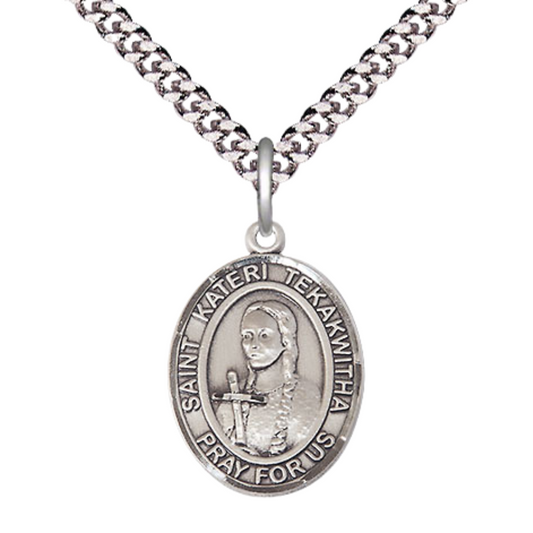 Medium Men's .925 Sterling Silver Saint St. Kateri Tekakwitha Medal Pendant on 24 Inch Endless Rhodium Plated Heavy Curb Brass Chain, Catholic Religious Necklace - Made in USA- Deluxe Velvet Gift Box