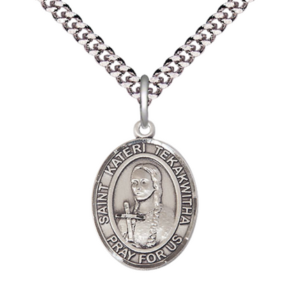 Medium Men's Pewter Saint St. Kateri Tekakwitha Medal Pendant on 24 Inch Endless Rhodium Plated Heavy Curb Brass Chain, Catholic Religious Necklace - Made in USA- Deluxe Velvet Gift Box