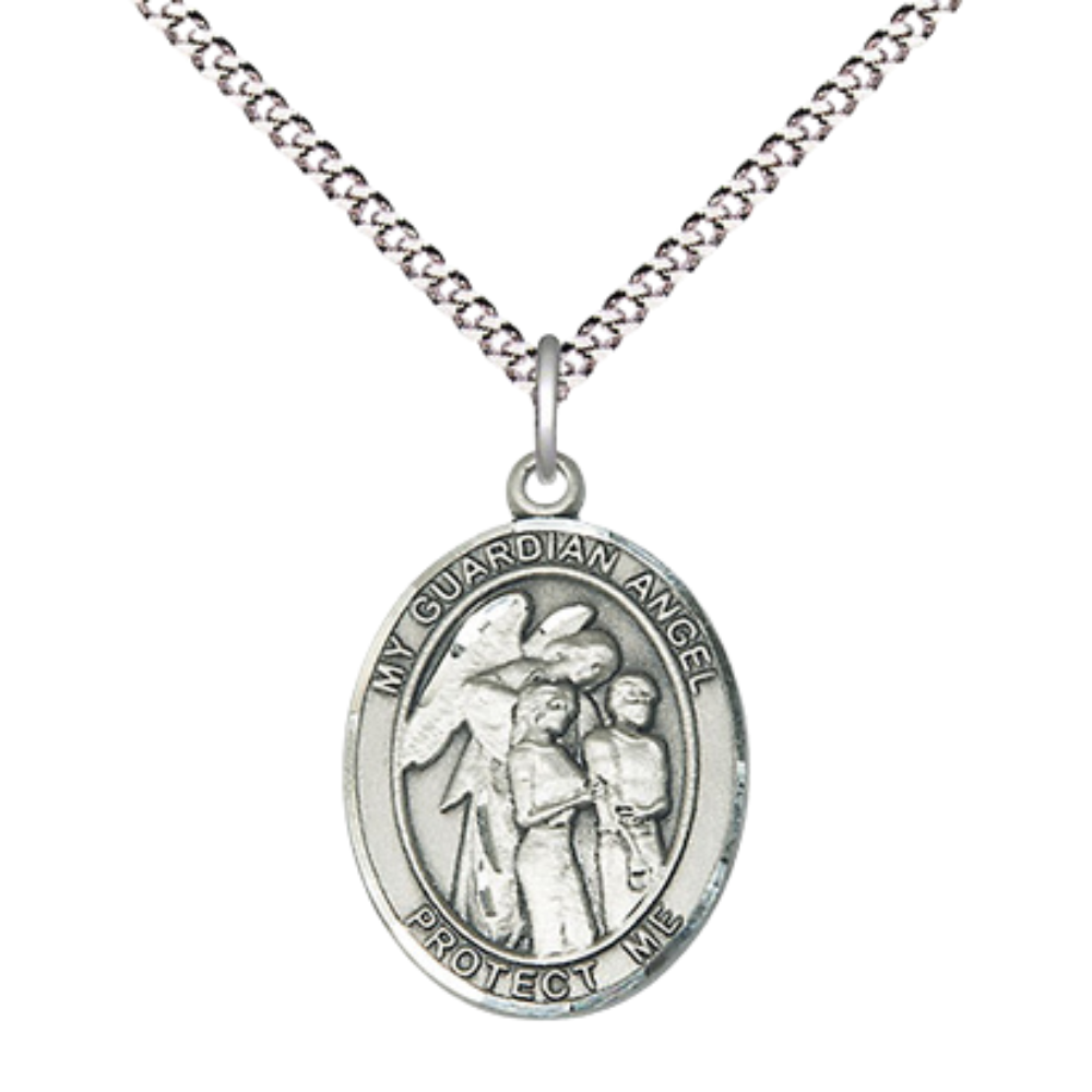 Medium Women's Pewter Guardian Angel with Young Offspring Pendant Necklace on 18- inch Rhodium- Plated Lite Curb Brass Chain – 3/4- inch Medal with Lobster Claw Clasp, Catholic Medal – Velvet Gift Box Included