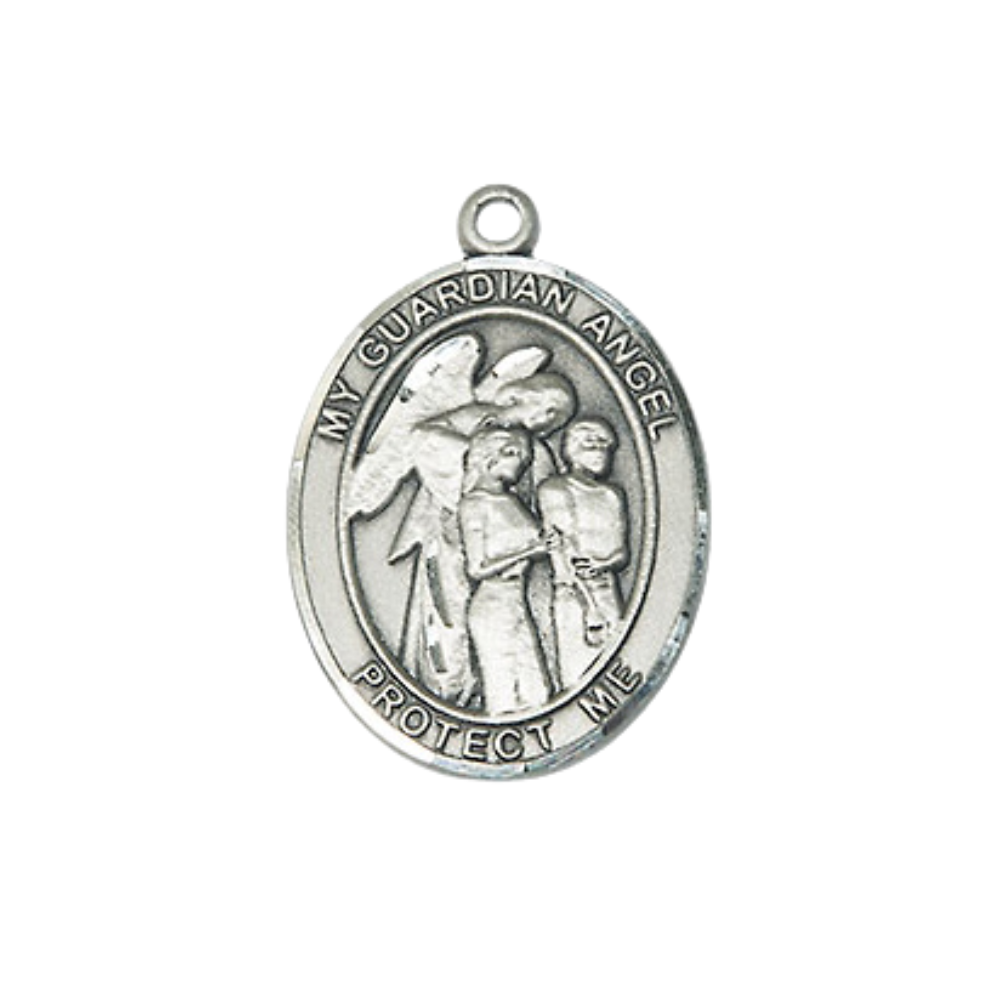 Everlasting Light Jewelry Medium Pewter Guardian Angel Medal Pendant on 24 Inch Endless Rhodium Plated Heavy Curb Chain, Catholic Religious Necklace - Made in USA- Velvet Gift Box