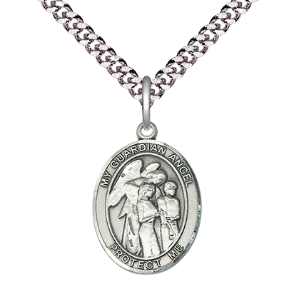 Everlasting Light Jewelry Mens Oval Sterling Silver Guardian Angel Medal Pendant on 24" Rhodium Plated Heavy Curb Brass Chain w/Lobster Claw Clasp,Catholic Religious Necklace -Made in USA-Gift Boxed