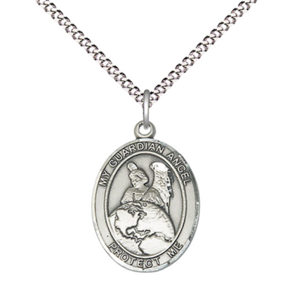 Everlasting Light Jewelry Medium Women's Pewter Guardian Angel Protector Pendant Necklace on 18- inch Rhodium- Plated Lite Curb Brass Chain – 3/4- inch Medal with Lobster Claw Clasp, Catholic Medal – Velvet Gift Box Included