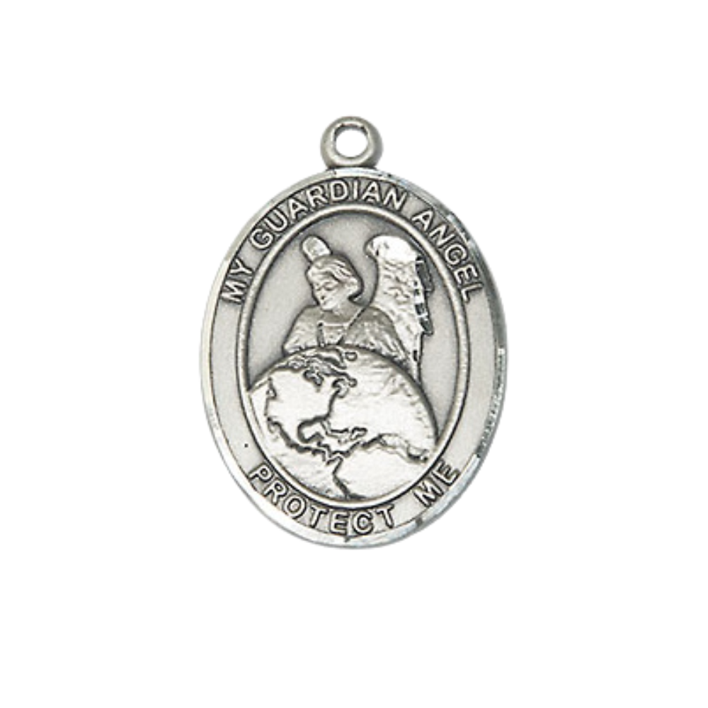 Everlasting Light Jewelry Medium Men's Pewter Guardian Angel Protector Medal Pendant on 24 Inch Endless Rhodium Plated Heavy Curb Chain, Catholic Religious Necklace - Made in USA- Velvet Gift Box