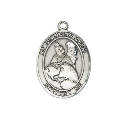 Everlasting Light Jewelry Medium Men's Pewter Guardian Angel Protector Medal Pendant on 24 Inch Endless Rhodium Plated Heavy Curb Chain, Catholic Religious Necklace - Made in USA- Velvet Gift Box
