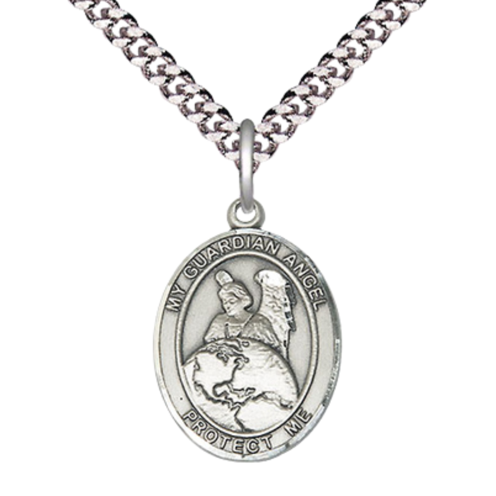 Everlasting Light Jewelry Medium Men's Pewter Guardian Angel Protector Medal Pendant on 24 Inch Endless Rhodium Plated Heavy Curb Chain, Catholic Religious Necklace - Made in USA- Velvet Gift Box