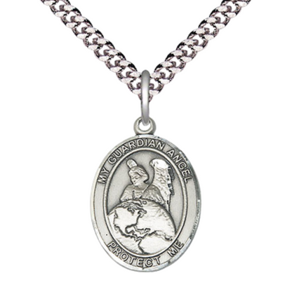 Medium Men's .925 Sterling Silver Guardian Angel Protector Medal Pendant on 24 Inch Endless Rhodium Plated Heavy Curb Chain, Catholic Religious Necklace - Made in USA- Velvet Gift Box