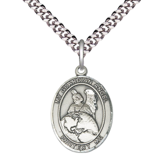 Medium Mens Oval .925 Sterling Silver Guardian Angel Protector Medal Pendant on 24 Inch Rhodium Plated Heavy Curb Brass Chain w/ Lobster Claw Clasp, Catholic Religious Necklace - Made in USA- Velvet Gift Box