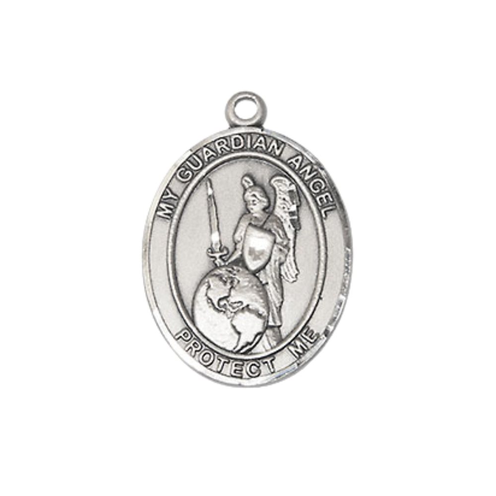 Medium Women's Pewter Guardian Angel of the World Pendant Necklace on 18- inch Rhodium- Plated Lite Curb Brass Chain – 3/4- inch Medal with Lobster Claw Clasp, Catholic Medal – Velvet Gift Box Included