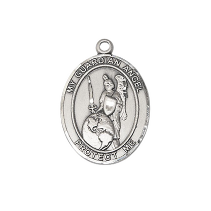 Medium Women's Pewter Guardian Angel of the World Pendant Necklace on 18- inch Rhodium- Plated Lite Curb Brass Chain – 3/4- inch Medal with Lobster Claw Clasp, Catholic Medal – Velvet Gift Box Included