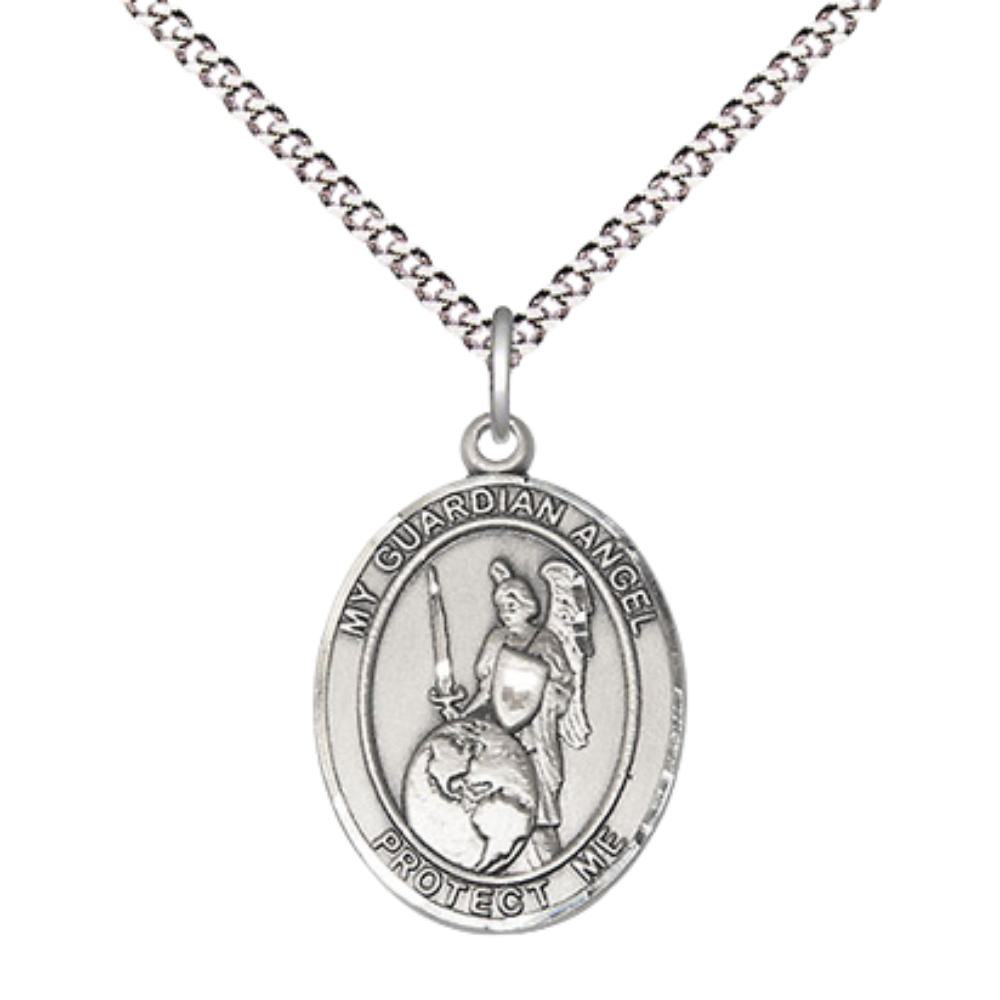 Medium Women's Pewter Guardian Angel of the World Pendant Necklace on 18- inch Rhodium- Plated Lite Curb Brass Chain – 3/4- inch Medal with Lobster Claw Clasp, Catholic Medal – Velvet Gift Box Included