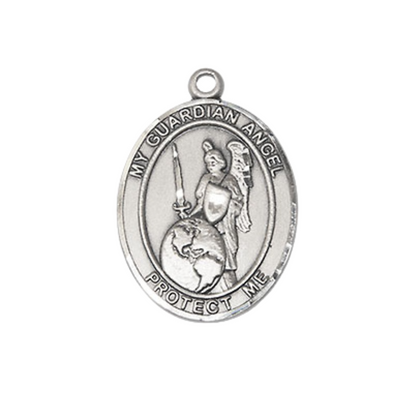 Medium Men's .925 Sterling Silver Guardian Angel of the World Medal Pendant on 24 Inch Endless Rhodium Plated Heavy Curb Chain,Catholic Religious Necklace -Made in USA- Velvet Gift Box