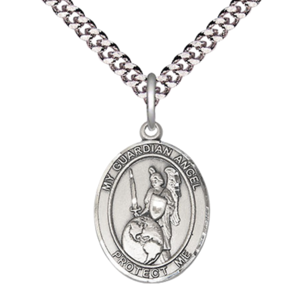 Everlasting Light Jewelry Medium Men's Pewter Guardian Angel of the World Medal Pendant on 24 Inch Endless Rhodium Plated Heavy Curb Chain, Catholic Religious Necklace - Made in USA- Velvet Gift Box