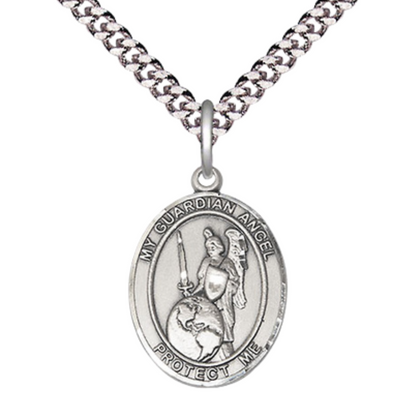Everlasting Light Jewelry Medium Men's Pewter Guardian Angel of the World Medal Pendant on 24 Inch Endless Rhodium Plated Heavy Curb Chain, Catholic Religious Necklace - Made in USA- Velvet Gift Box
