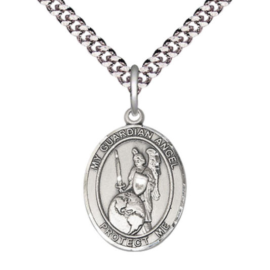 Everlasting Light Jewelry Medium Men's Pewter Guardian Angel of the World Medal Pendant on 24 Inch Endless Rhodium Plated Heavy Curb Chain, Catholic Religious Necklace - Made in USA- Velvet Gift Box