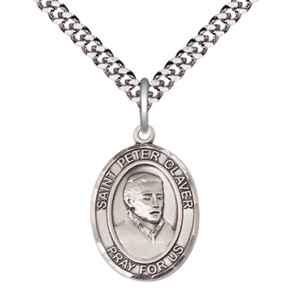 Mens Medium Oval Pewter Saint St. Peter Claver Medal Pendant on 24 Inch Rhodium Plated Heavy Curb Brass Chain w/ Lobster Claw Clasp, Catholic Religious Necklace - Made in USA- Deluxe Velvet Gift Box