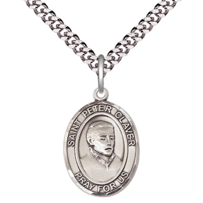 Medium Mens Oval Sterling Silver Saint Peter Claver Medal Pendant on 24" Rhodium Plated Heavy Curb Brass Chain w/ Lobster Claw Clasp, Catholic Religious Necklace -Made in USA-Velvet Gift Box