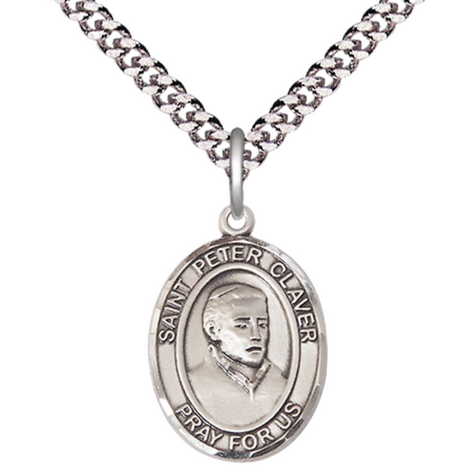 Everlasting Light Jewelry Medium Men's Pewter Patron Saint St. Peter Claver Medal Pendant with 24 Inch Rhodium Plated Heavy Curb Chain Catholic Religious Necklace - Made in USA, Deluxe Velvet Gift Box