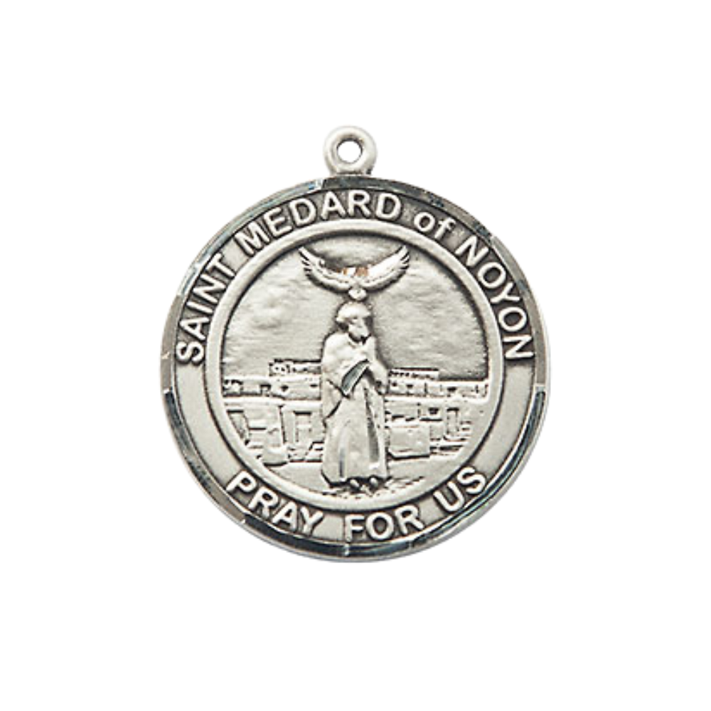 Everlasting Light Jewelry Medium Women's Pewter Saint St. Medard of Noyon Medal Pendant on 18 Inch Rhodium Plated Lite Curb Brass Chain w/Lobster Claw clasp, Made in USA, Catholic Medal - Deluxe Velvet Gift Box