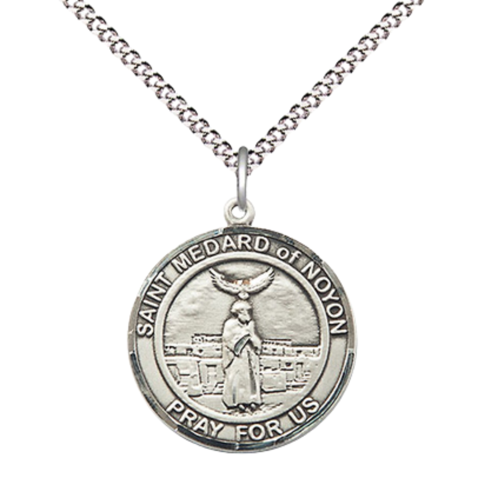 Everlasting Light Jewelry Medium Women's Pewter Saint St. Medard of Noyon Medal Pendant on 18 Inch Rhodium Plated Lite Curb Brass Chain w/Lobster Claw clasp, Made in USA, Catholic Medal - Deluxe Velvet Gift Box