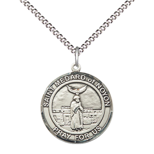 Everlasting Light Jewelry Medium Women's Pewter Saint St. Medard of Noyon Medal Pendant on 18 Inch Rhodium Plated Lite Curb Brass Chain w/Lobster Claw clasp, Made in USA, Catholic Medal - Deluxe Velvet Gift Box