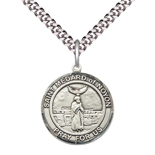 Medium Mens Round .925 Sterling Silver Saint St. Medard of Noyon Medal Pendant with Rhodium Plated Heavy Curb Brass Chain w/ Lobster Claw Clasp, Catholic Religious Necklace - Made in USA- Velvet Gift Box