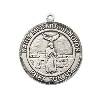Medium Men's .925 Sterling Silver Saint St. Medard of Noyon Medal Pendant on 24 Inch Endless Rhodium Plated Heavy Curb Brass Chain, Catholic Religious Necklace - Made in USA- Deluxe Velvet Gift Box