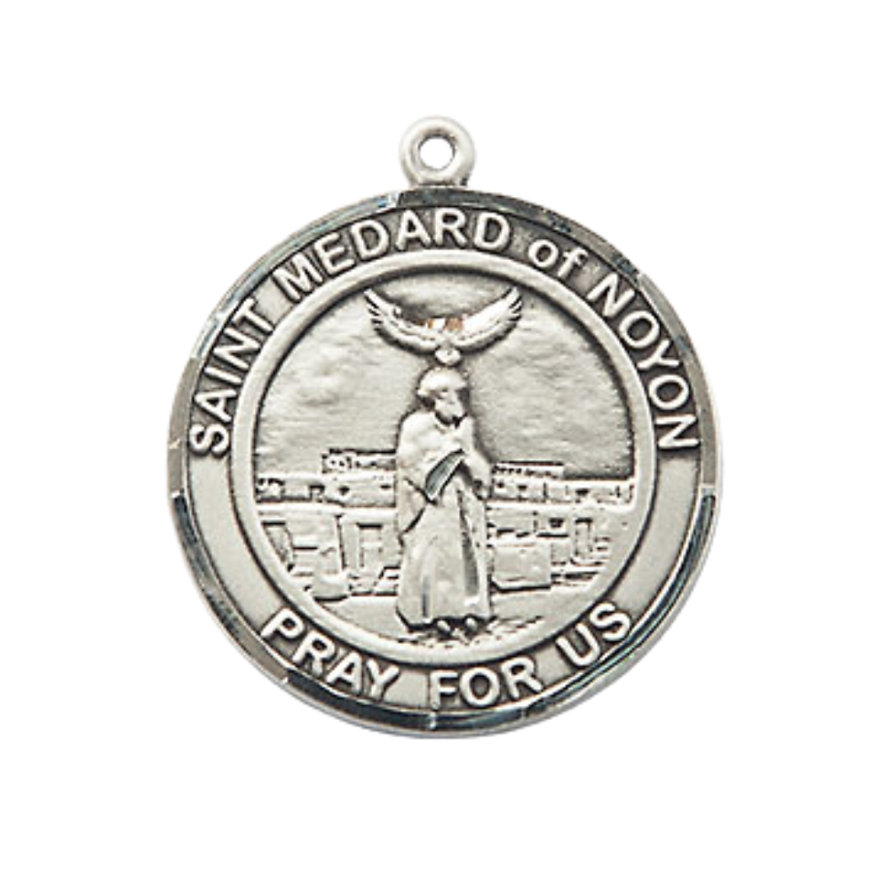 Men's Pewter Saint St. Medard of Noyon Round Medium Medal Pendant on 24 Inch Endless Rhodium Plated Heavy Curb Brass Chain, Catholic Religious Necklace - Made in USA- Deluxe Velvet Gift Box