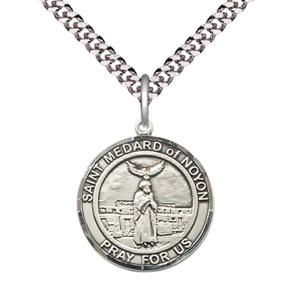 Mens Medium Round Pewter Saint Medard of Noyon Medal Pendant on 24" Rhodium Plated Heavy Curb Brass Chain w/ Lobster Claw Clasp, Catholic Religious Necklace -Made in USA-Velvet Gift Box