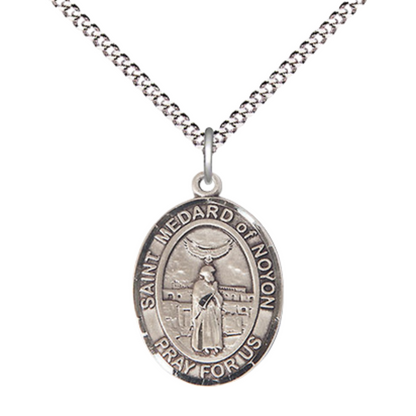 Everlasting Light Jewelry Medium Women's .925 Sterling Silver Saint St. Medard of Noyon Pendant Necklace on 18- Inch Rhodium- Plated Lite Curb Brass Chain, Catholic Medal - Patron Saint. of Good Weather – Velvet Gift Box