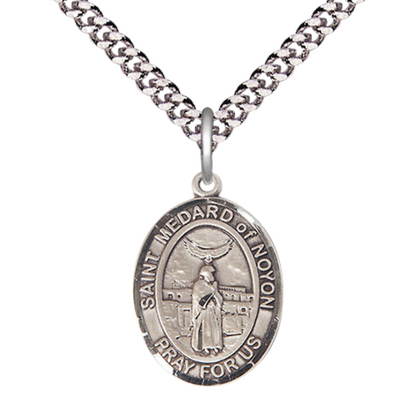 Medium Mens Oval Sterling Silver Saint Medard of Noyon Medal Pendant on 24" Rhodium Plated Heavy Curb Brass Chain w/ Lobster Claw Clasp, Catholic Religious Necklace-Made in USA-Velvet Gift Box