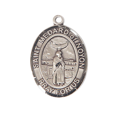 Medium Men's .925 Sterling Silver Saint St. Medard of Noyon Medal Pendant on 24 Inch Endless Rhodium Plated Heavy Curb Brass Chain, Catholic Religious Necklace - Made in USA- Deluxe Velvet Gift Box
