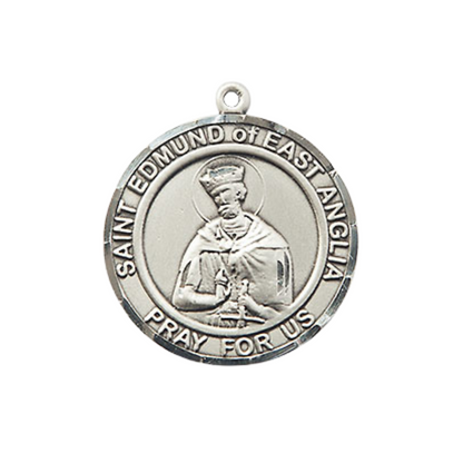 Everlasting Light Jewelry Medium Women's Pewter Saint St. Edmund of East Anglia Medal Pendant on 18 Inch Rhodium Plated Lite Curb Brass Chain w/Lobster Claw clasp, Made in USA, Catholic Medal - Deluxe Velvet Gift Box