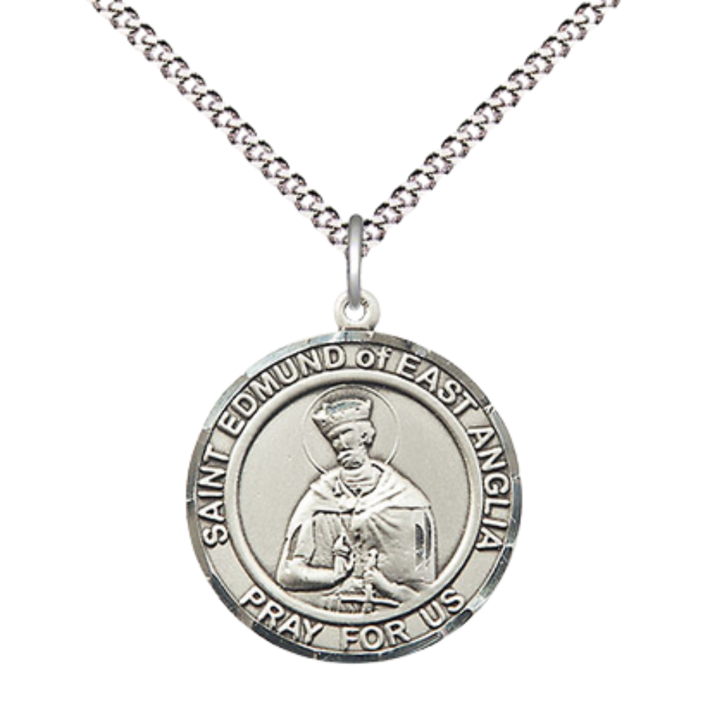Medium Women's .925 Sterling Silver Saint St. Edmund of East Anglia Pendant Necklace – ¾” x ?” Medal on 18 Inch Rhodium- Plated Lite Curb Brass Chain with Lobster Claw Clasp – Patron Against Plague, Catholic Medal – Velvet Gift Box