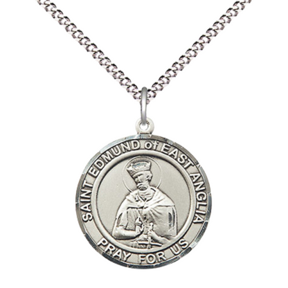 Medium Women's .925 Sterling Silver Saint St. Edmund of East Anglia Pendant Necklace – ¾” x ?” Medal on 18 Inch Rhodium- Plated Lite Curb Brass Chain with Lobster Claw Clasp – Patron Against Plague, Catholic Medal – Velvet Gift Box