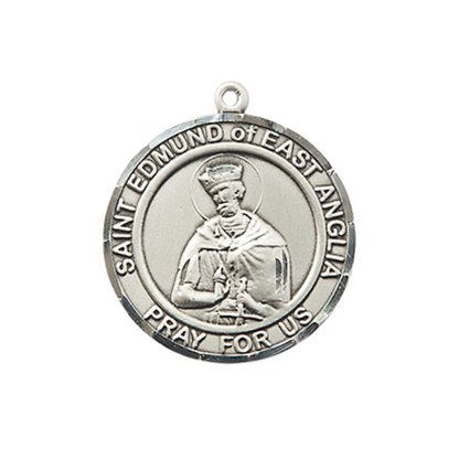 Medium Mens Round Sterling Silver St. Edmund of East Anglia Medal Pendant with Rhodium Plated Heavy Curb Brass Chain w/ Lobster Claw Clasp, Catholic Religious Necklace -Made in USA-Velvet Gift Box