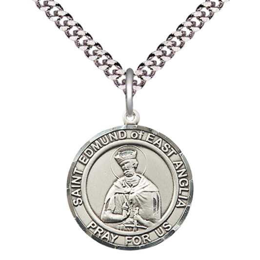 Medium Men's .925 Sterling Silver Saint St. Edmund of East Anglia Medal Pendant on 24 Inch Endless Rhodium Plated Heavy Curb Brass Chain, Catholic Religious Necklace - Made in USA- Deluxe Velvet Gift Box