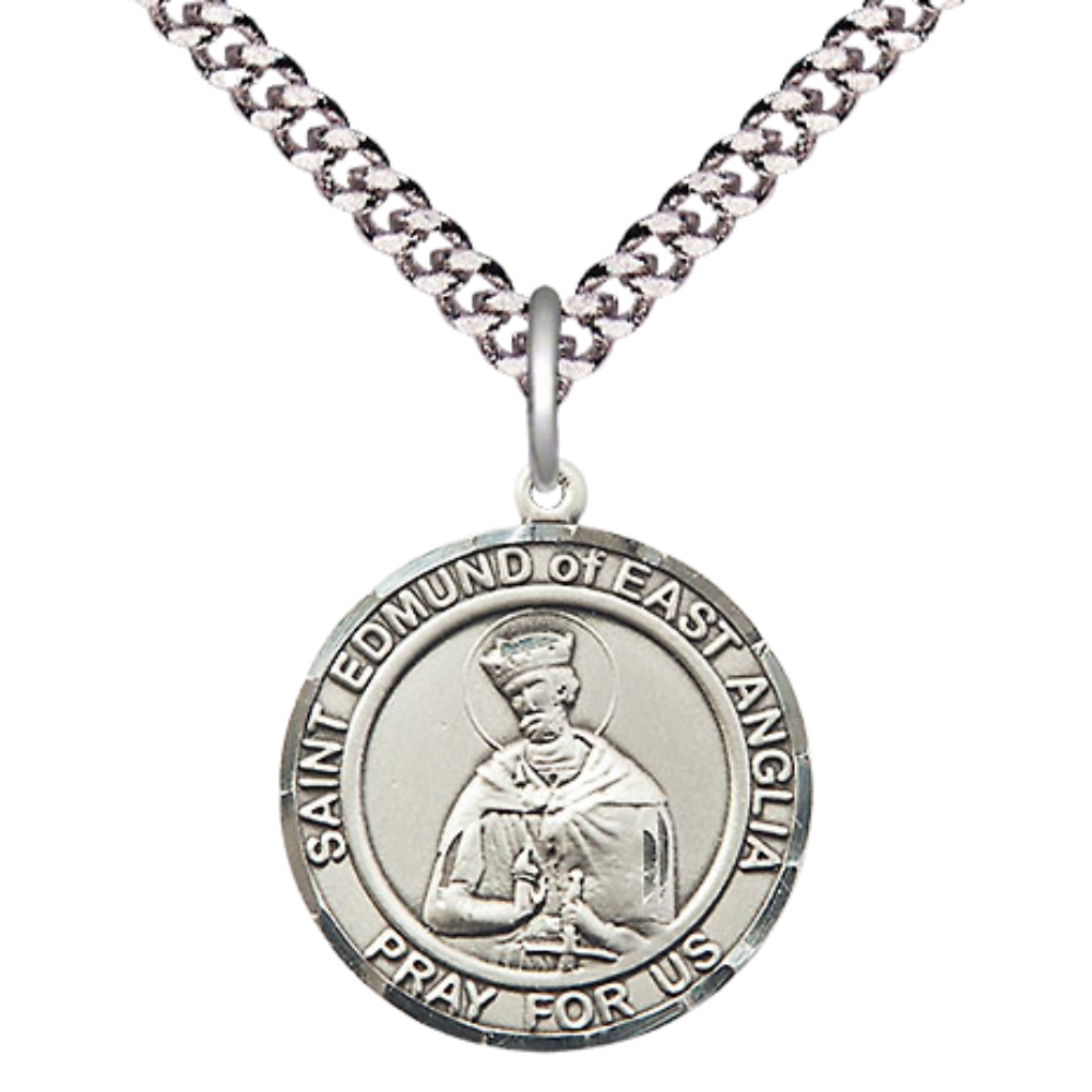 Medium Men's Pewter Saint St. Edmund of East Anglia Medal Pendant on 24 Inch Endless Rhodium Plated Heavy Curb Brass Chain, Catholic Religious Necklace - Made in USA- Deluxe Velvet Gift Box