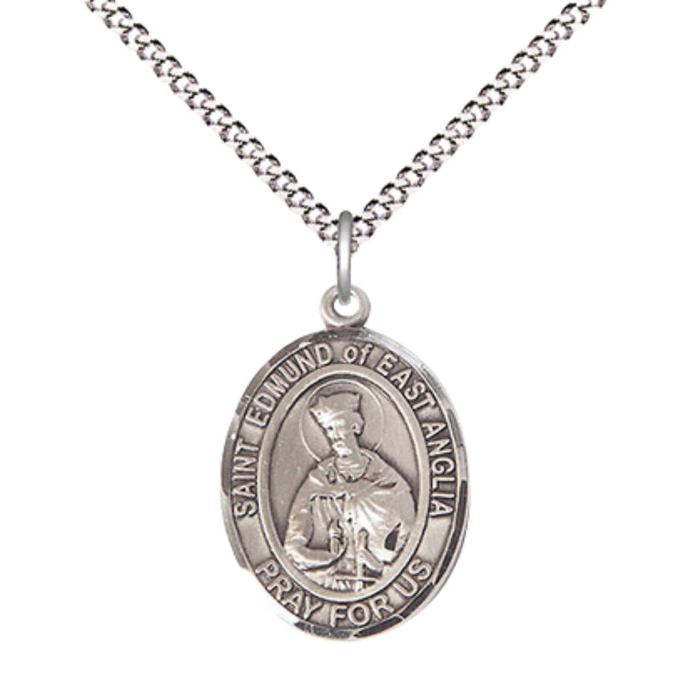 Everlasting Light Jewelry Medium Women's .925 Sterling Silver Saint St. Edmund of East Anglia Pendant Necklace on 18- Inch Rhodium- Plated Lite Curb Brass Chain – Patron Against Plague, Catholic Medal – Velvet Gift Box