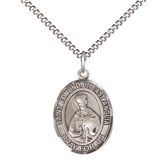 Everlasting Light Jewelry Medium Women's .925 Sterling Silver Saint St. Edmund of East Anglia Pendant Necklace on 18- Inch Rhodium- Plated Lite Curb Brass Chain – Patron Against Plague, Catholic Medal – Velvet Gift Box